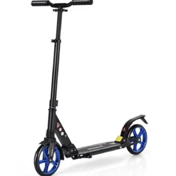 Zusammenklappbarer Trittroller ABEC7-LagerScooter mit zwei großen Rädern Tretroller 3 Höhen verstellbar Schwarz und blaue Räder