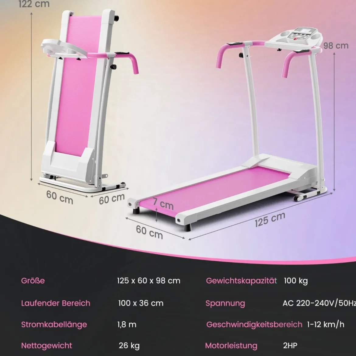 Zusammenklappbares Laufband mit 12 Voreingestellten Programmen Walking Pad Weiß Rosa