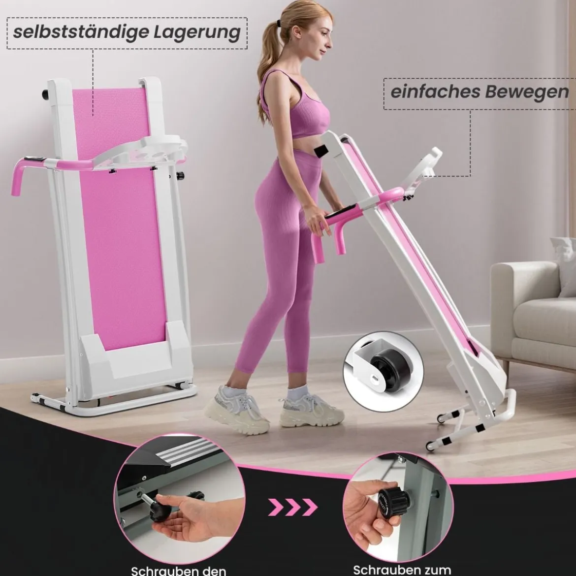 Zusammenklappbares Laufband mit 12 Voreingestellten Programmen Walking Pad Weiß Rosa
