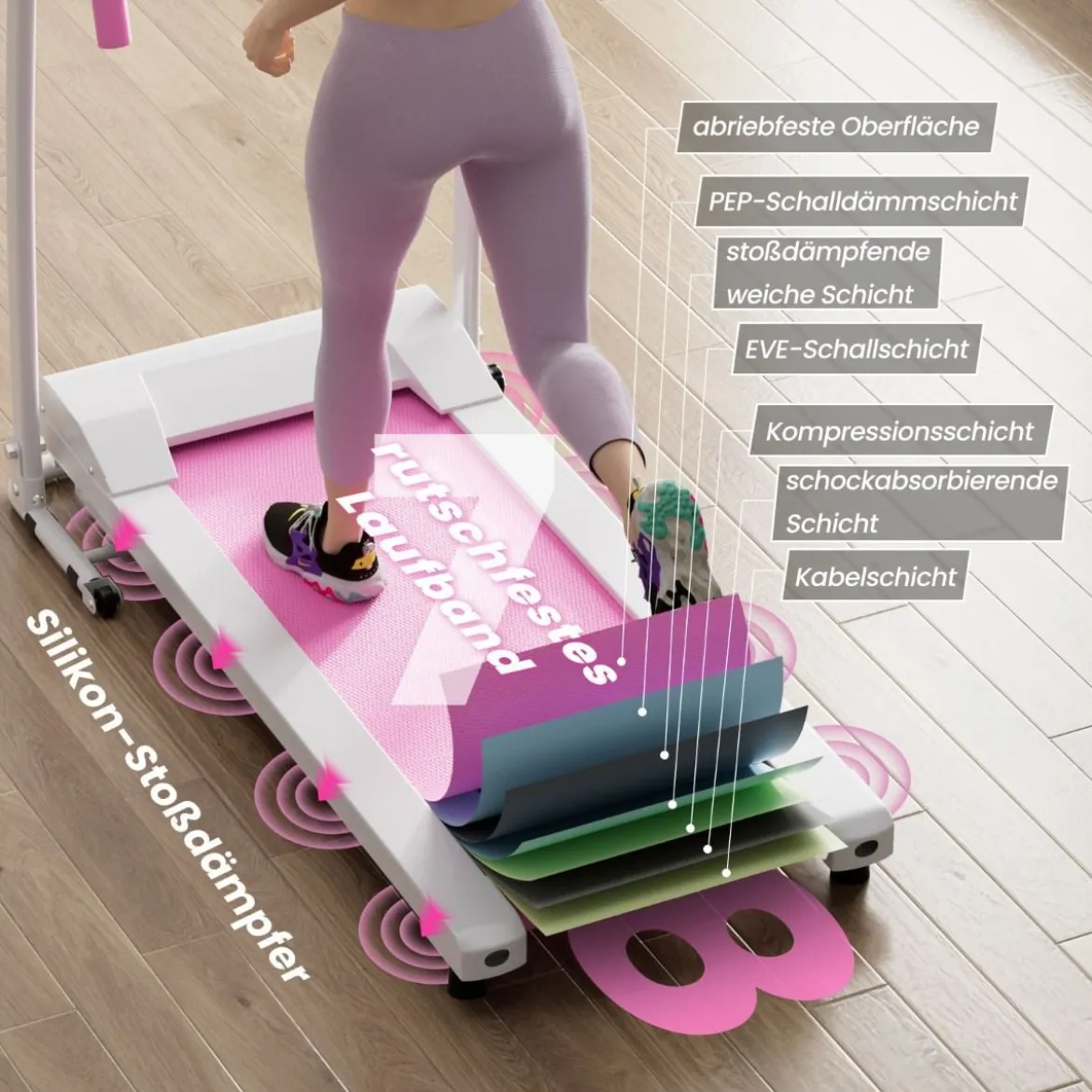Zusammenklappbares Laufband mit 12 Voreingestellten Programmen Walking Pad Weiß Rosa