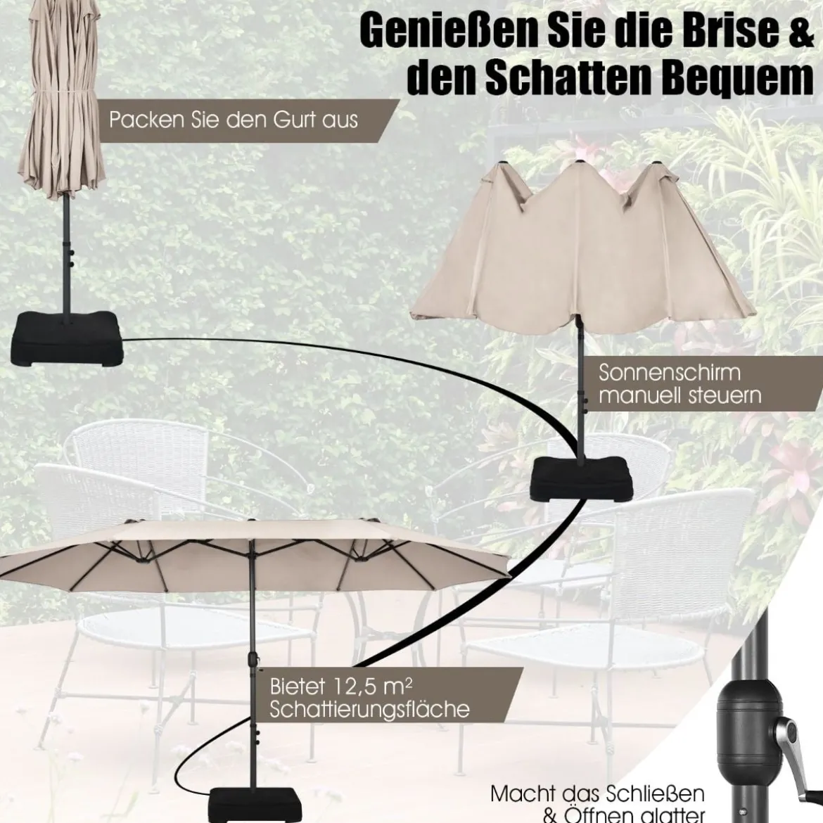 Zwillingsschirm 460 cm Großer Doppelseitiger Terrassenschirm Beige