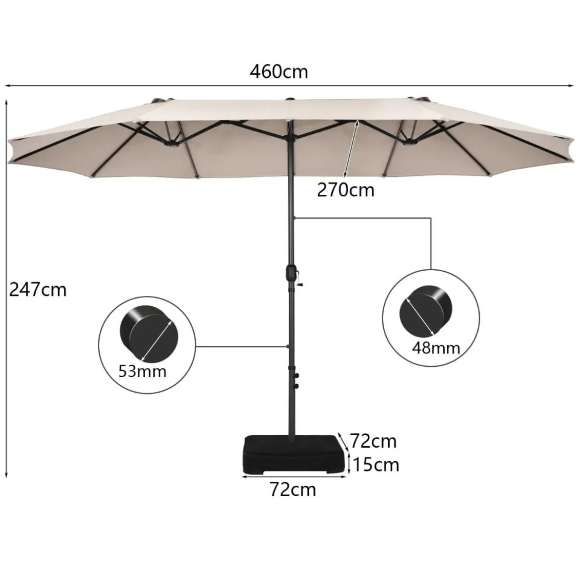 Zwillingsschirm 460 cm Großer Doppelseitiger Terrassenschirm Beige