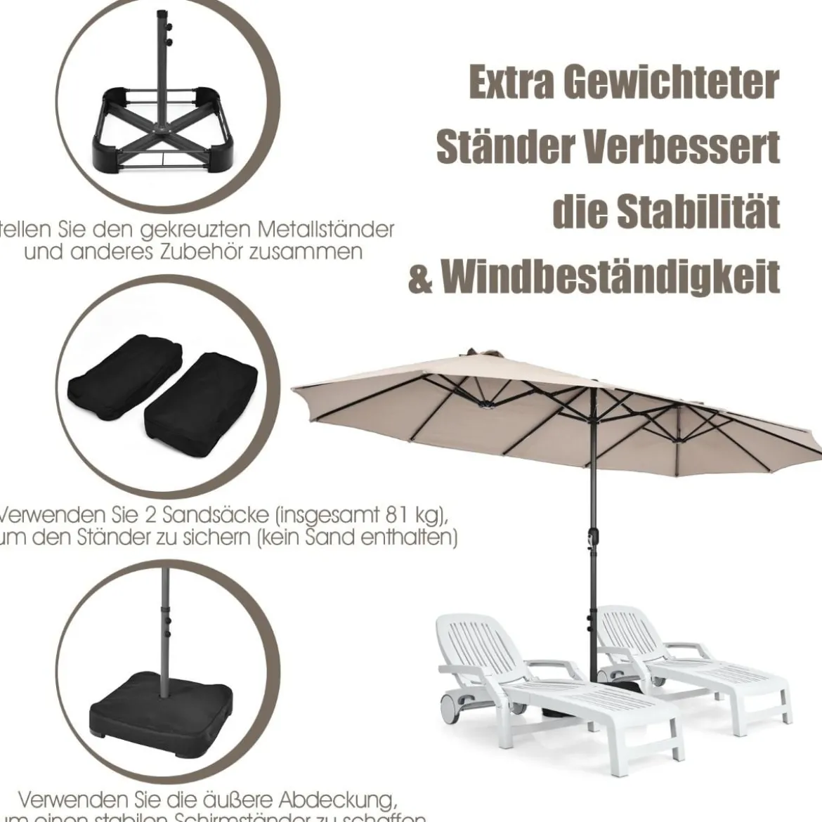 Zwillingsschirm 460 cm Großer Doppelseitiger Terrassenschirm Beige