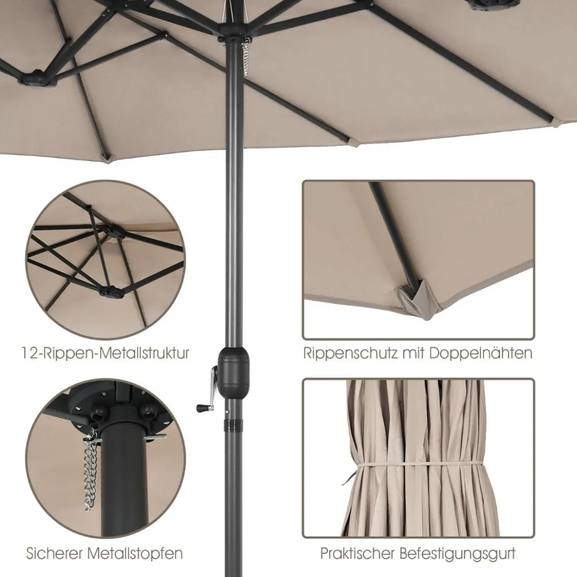 Zwillingsschirm 460 cm Großer Doppelseitiger Terrassenschirm Beige